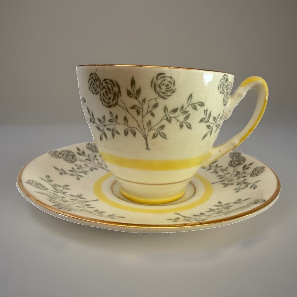 Vintage Repose Queen’s Staffordshire Teacup Saucer made in England Yellow Gray